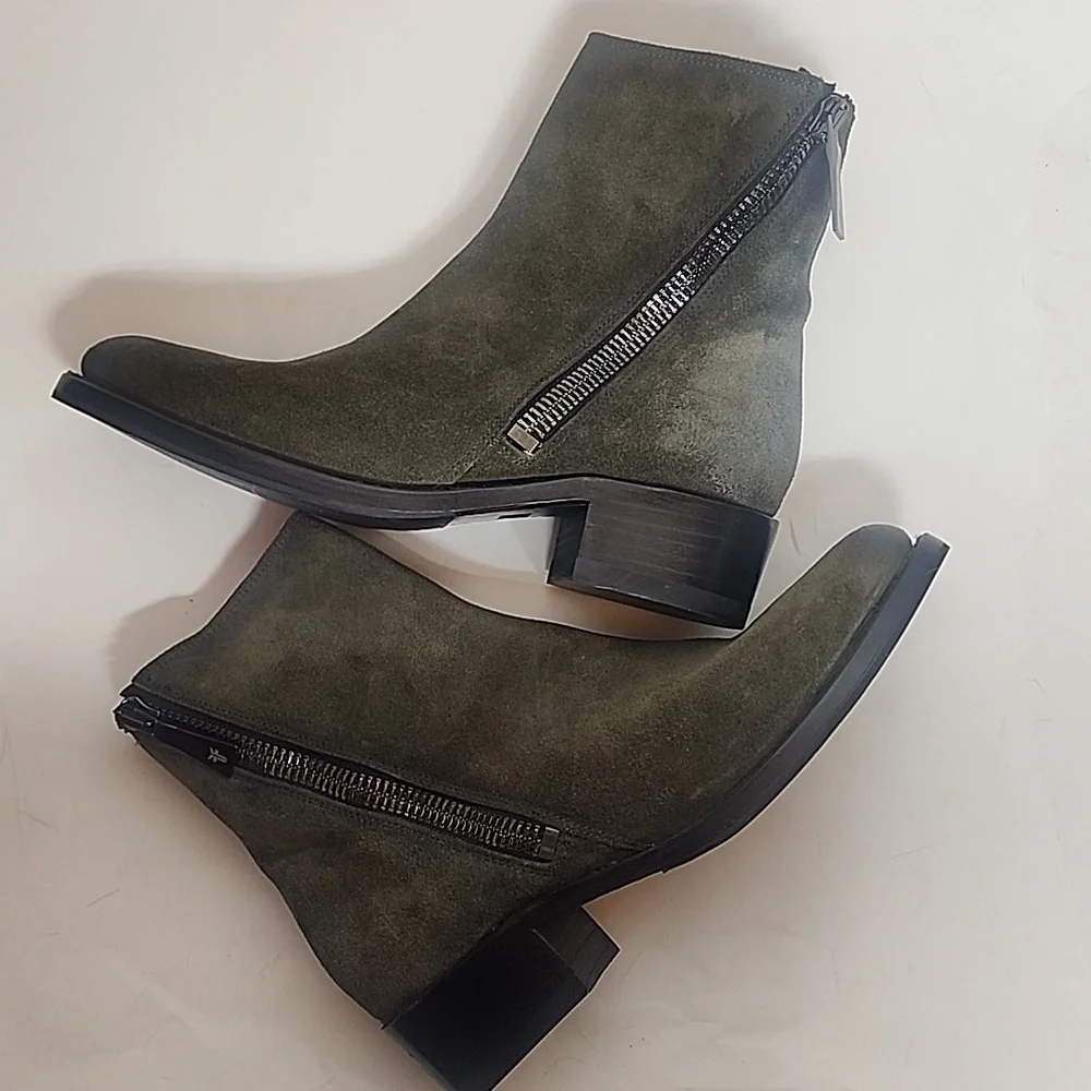 Frye Distressed Gorgeous Olive Suede Side Zip Ankle Quality Bootie Boots Size 8B - Picture 5 of 15